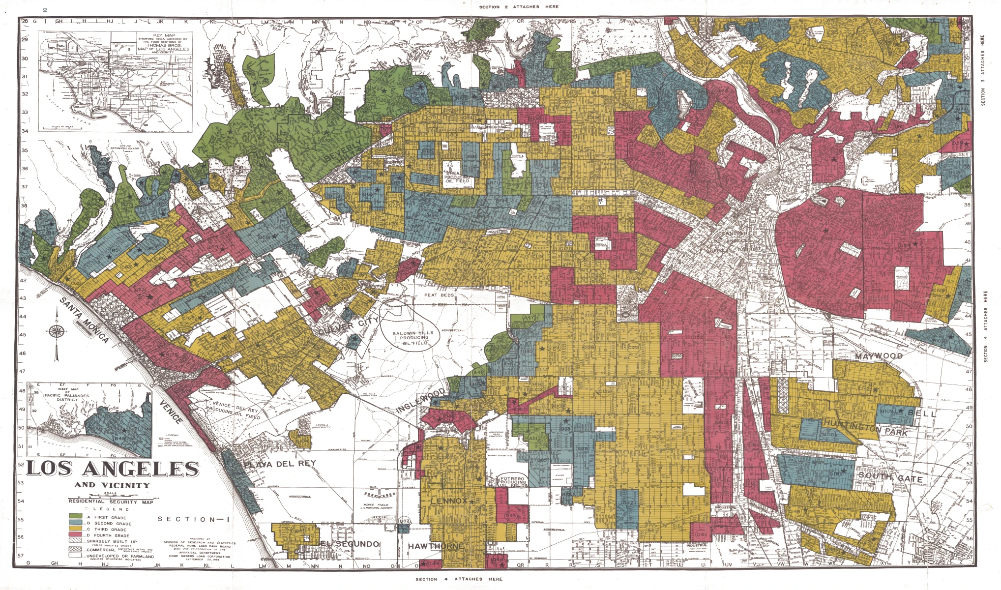Mappa dell'Home Owners' Loan Corporation (HOLC) di LA. L'impresa, fondata e sostenuta con i fondi federali del New Deal, aveva come obiettivo quello di mappare le città indicando, a privati e enti pubblici, le zone in cui non investire poiché a forte presenza afro-americana e/o migrante (il processo va sotto il nome di redlining). L'organizzazione fu uno degli strumenti con cui si riprodusse la segregazione spaziale e le disparità di ricchezza razziali. (Mapping inequality / University of Richmond)