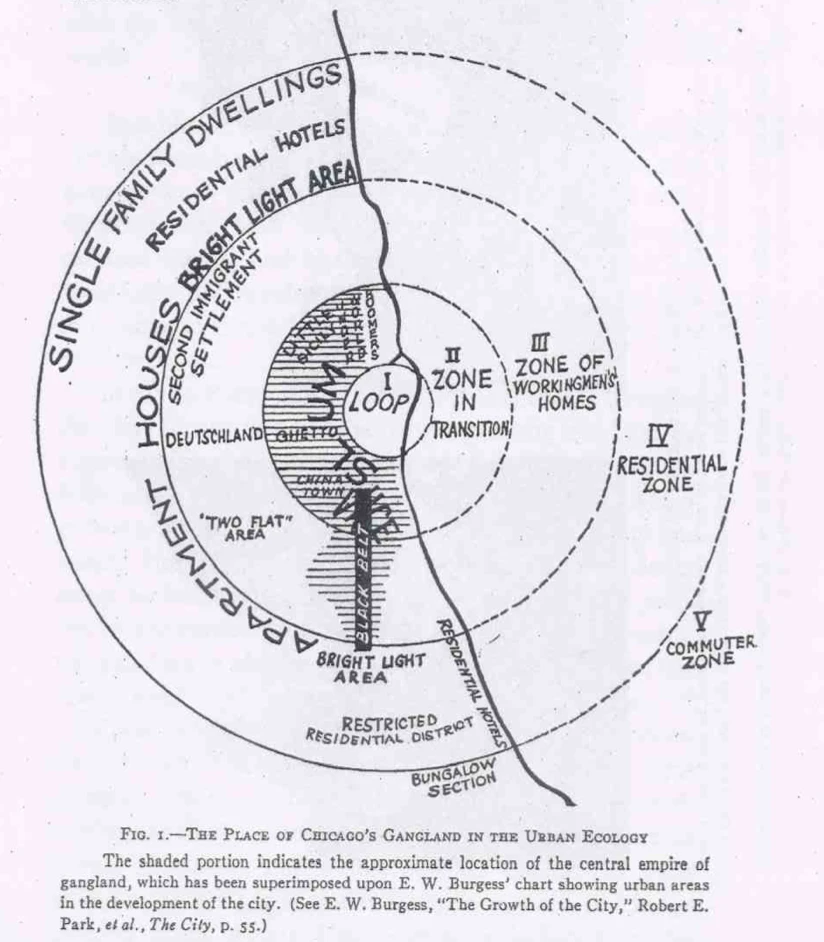 La mappa di Chicago disegnata da Burgess attraverso il metodo dell'ecologia-urbana. La porzione ombreggiata è ad opera di Thrasher e identifica l'area in cui si concentrano le gangs. (The Gang/Thrasher)