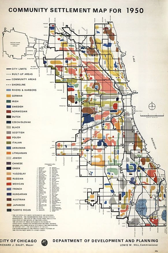 La mappa illustra le etnie dominanti nelle differenti aree di Chicago nel 1950. (City of Chicago Department of Planning and Development)