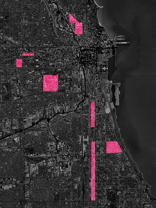 La mappa mostra dov'erano collocati i grandi complessi di edilizia popolare di Chicago prima della loro demolizione iniziata a fine anni 90'. In basso a destra i projects del South Side, mentre in alto il Cabrini-Green Project. (NPR/Look at this: demolished)