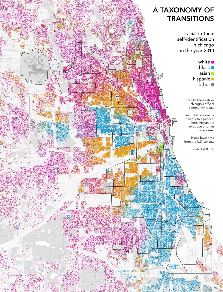 Distribuzione per etnia della popolazione di Chicago. Le linee nere identificano i confini ufficiali delle comunità. Ogni punto rappresenta 25 persone. Dati dall'US Census Bureau. 2010. (Bill Rankin/Radical Cartography)