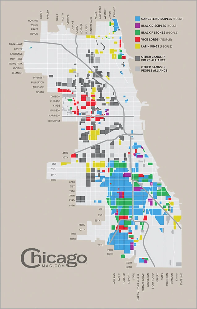 Mappa delle gangs di Chicago nel 2022 suddivise per etnia. (Chicagomag)