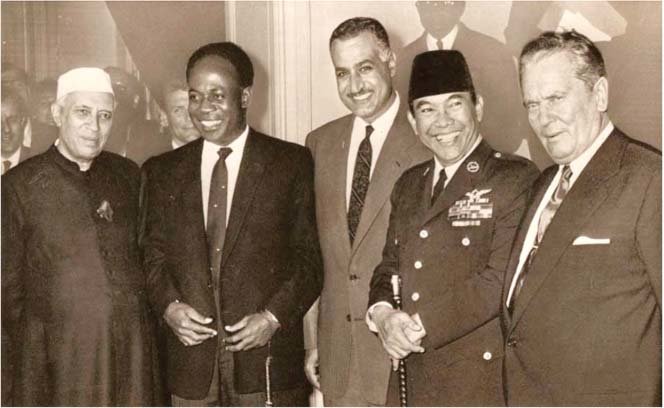 Leaders of India, Ghana, Egypt, Indonesia and Yugoslavia meeting at the 1955 Bandung Conference